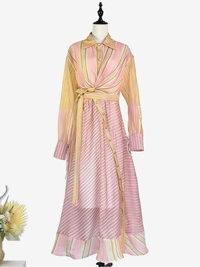Designer-style Striped Pink & Yellow Long Sleeve Wrap Dress